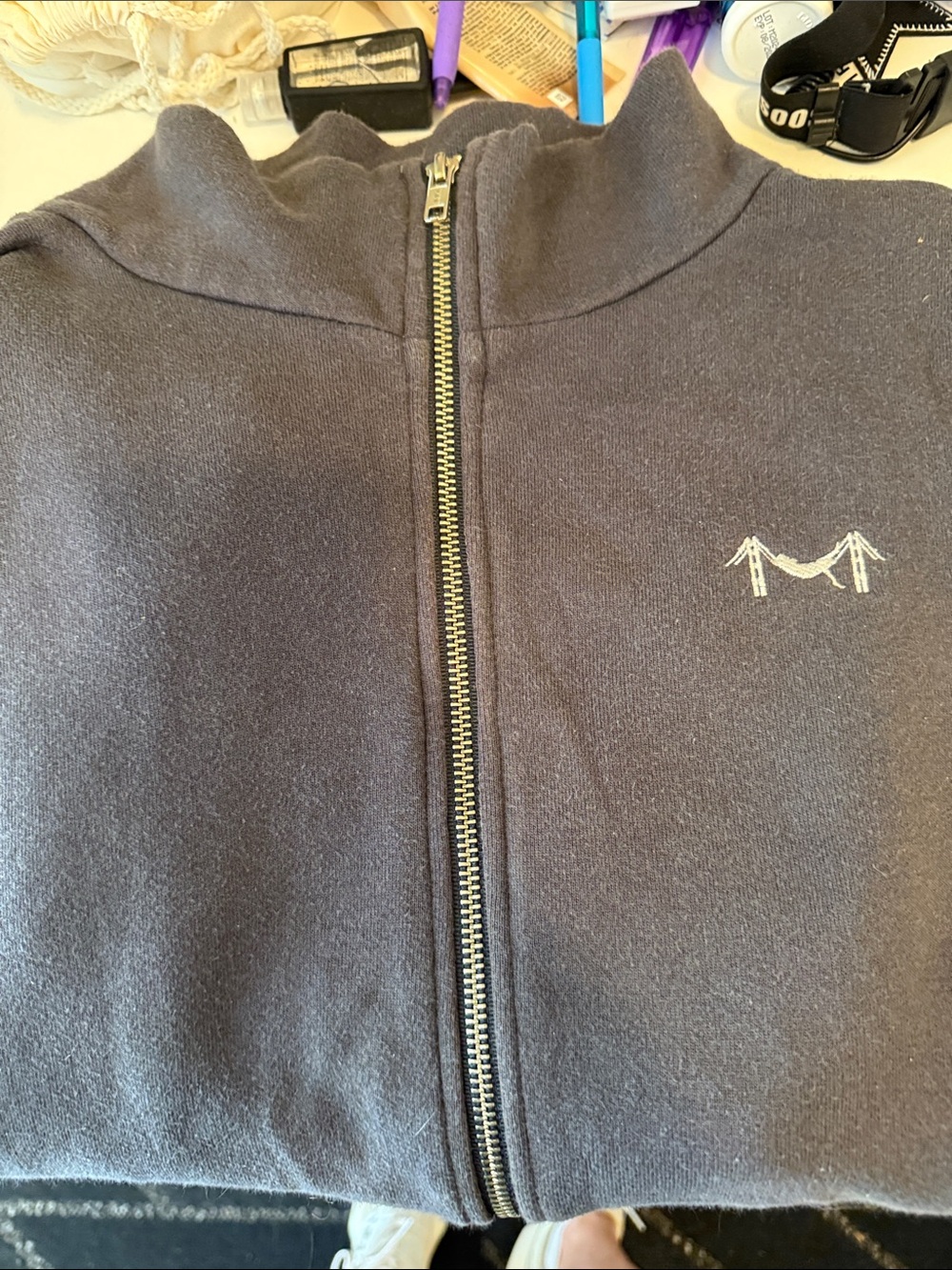 Marine Layer Navy Zip-Up Sweatshirt with White Bridge Embroidery